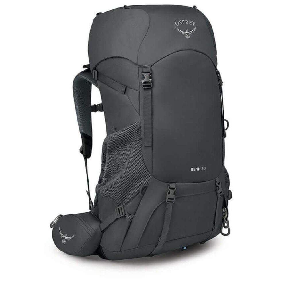 Osprey Renn 50L - Women backpack in gray with ergonomic design, raincover, and adjustable torso for comfortable carry.
