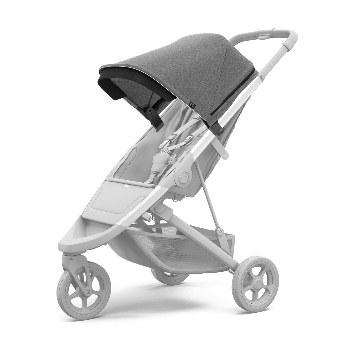 Thule Spring Canopy - Gray Melange on stroller, offering vented mesh, peekaboo feature, and UPF 50+ protection from low sun.