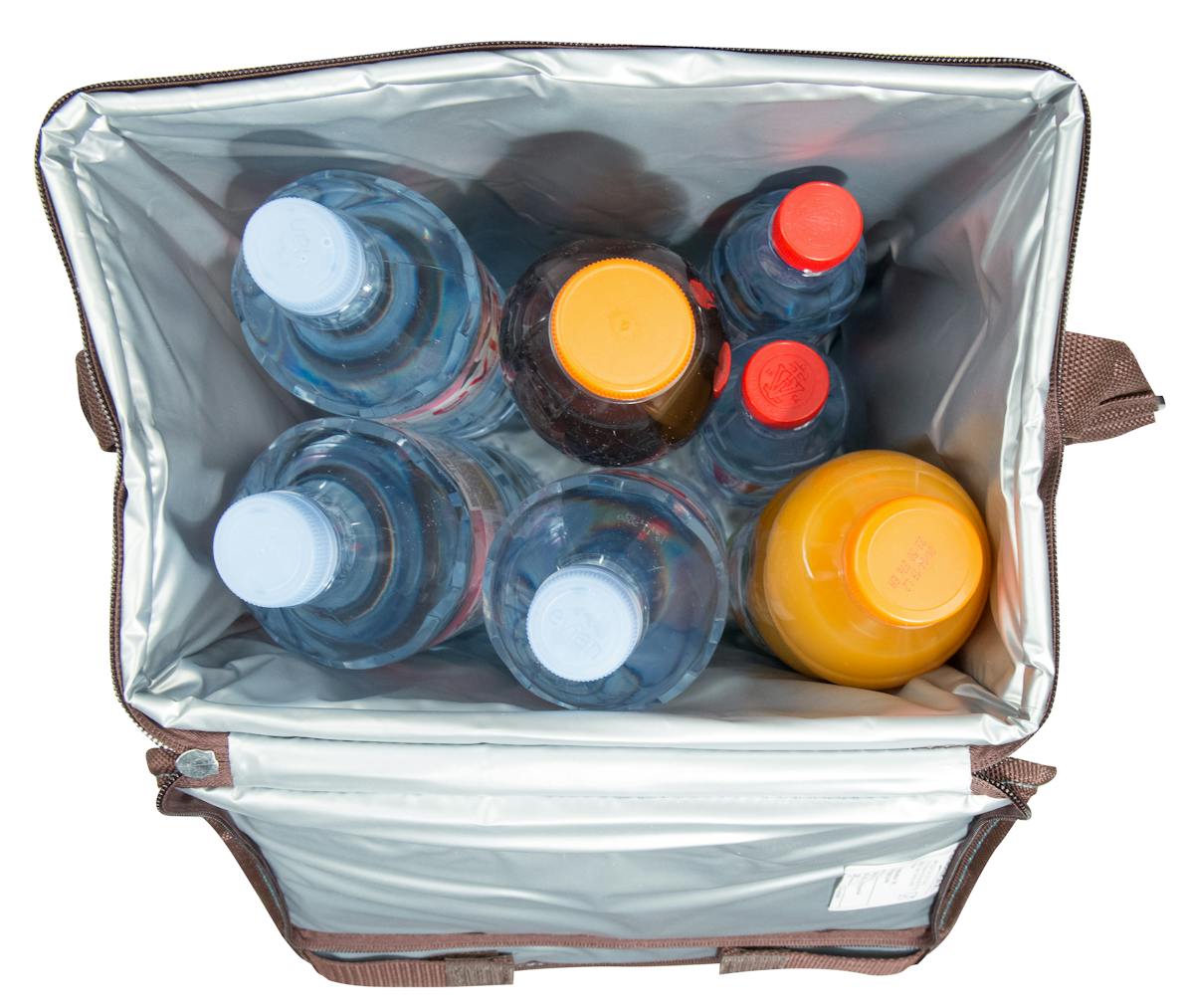 Interior view of the Campingaz Ethnic MiniMaxi 19L Soft Cooler Bag filled with assorted bottles.