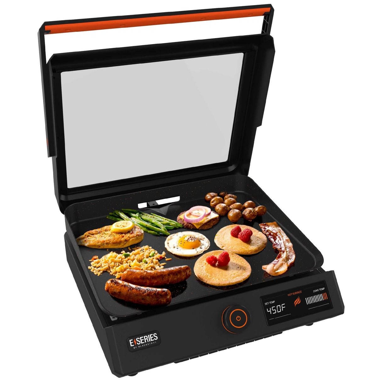 Blackstone E-Series Electric Tabletop Griddle cooking breakfast foods on 17 inch ceramic titanium surface