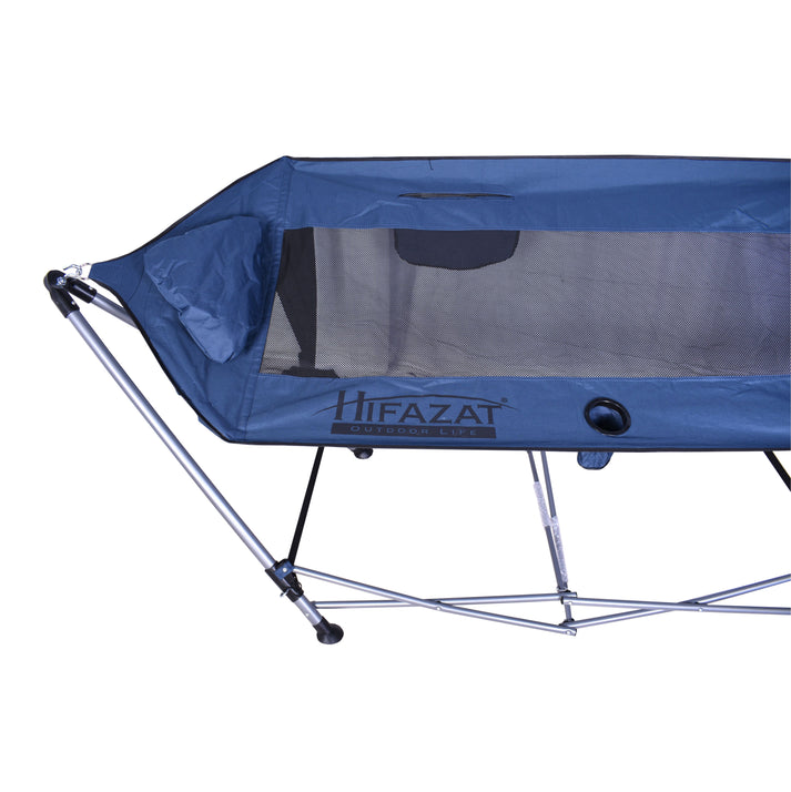 Portable Hammock with built-in pillow and pockets for camping and beach use, durable nylon fabric supports up to 110 kg.