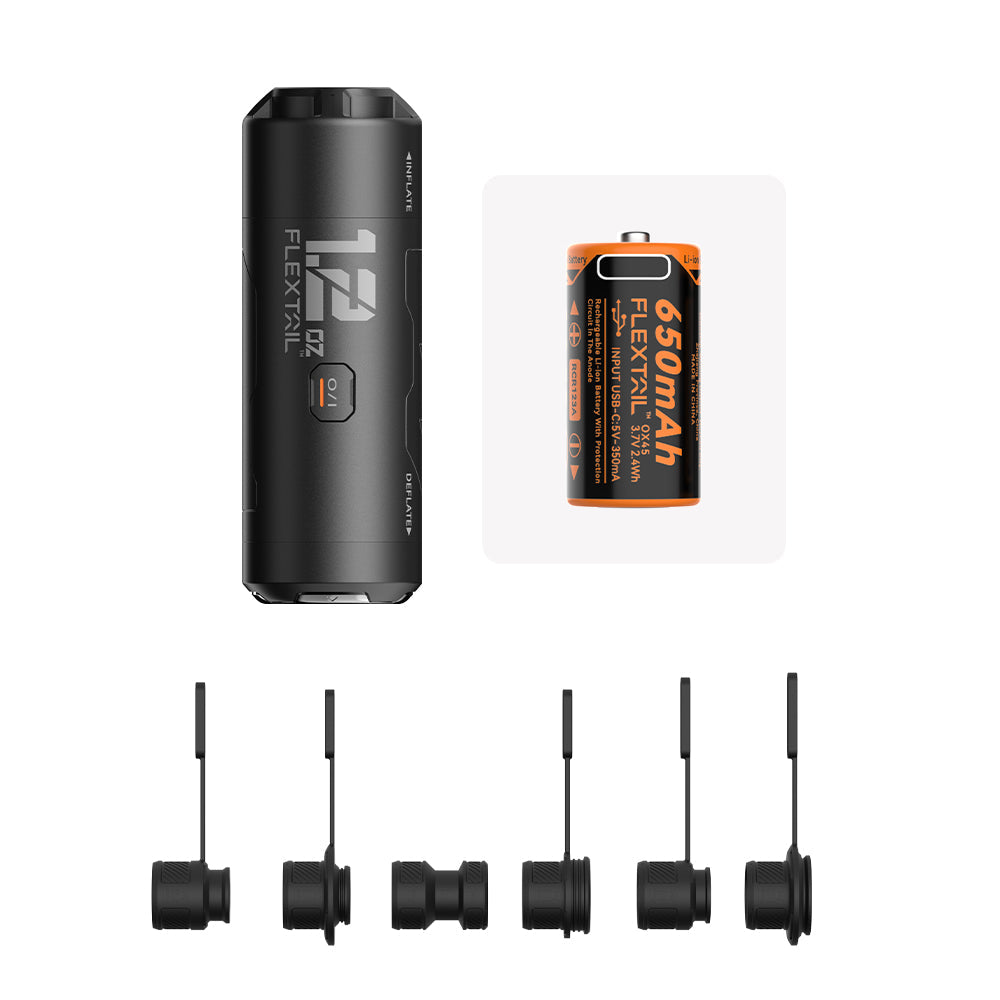 Flextail Zero Pump — six included nozzles laid out for multi-brand valves.