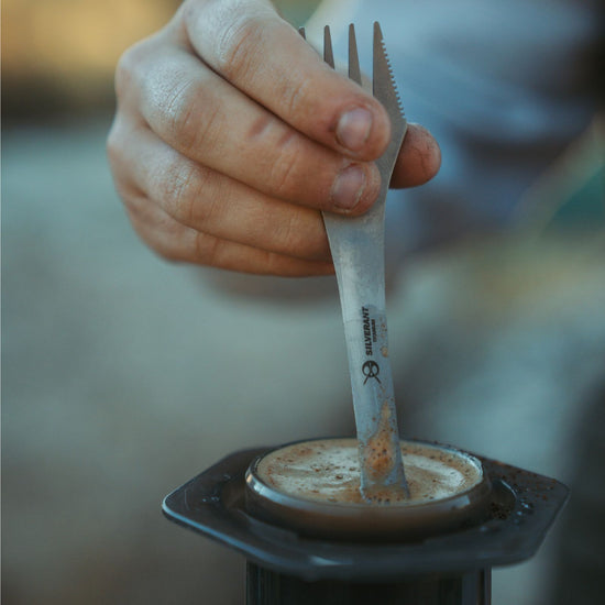 Eating a dehydrated camping meal with the SilverAnt Titanium Spork 3-In-1 Knife Fork Spoon.