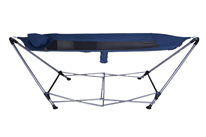 Portable Hammock with built-in pillow and pockets for easy outdoor relaxation. Quick setup ideal for camping, beach, and backyard.