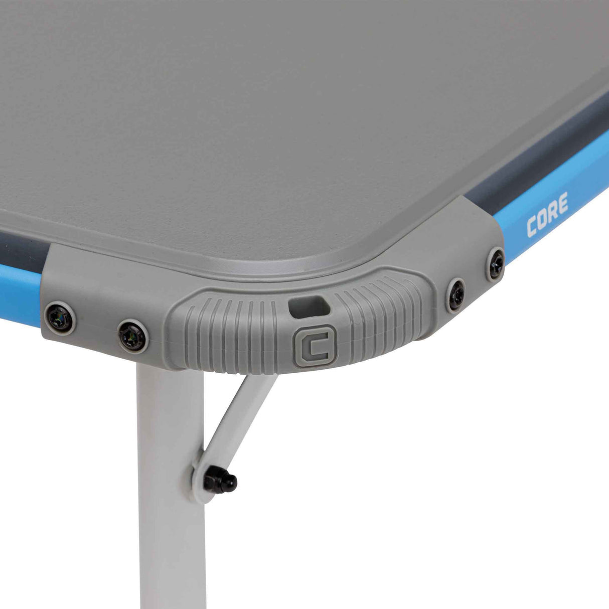Core Equipment 4 Foot Outdoor Table with FlexRail — stain- and UV-fade-resistant tabletop surface close-up.