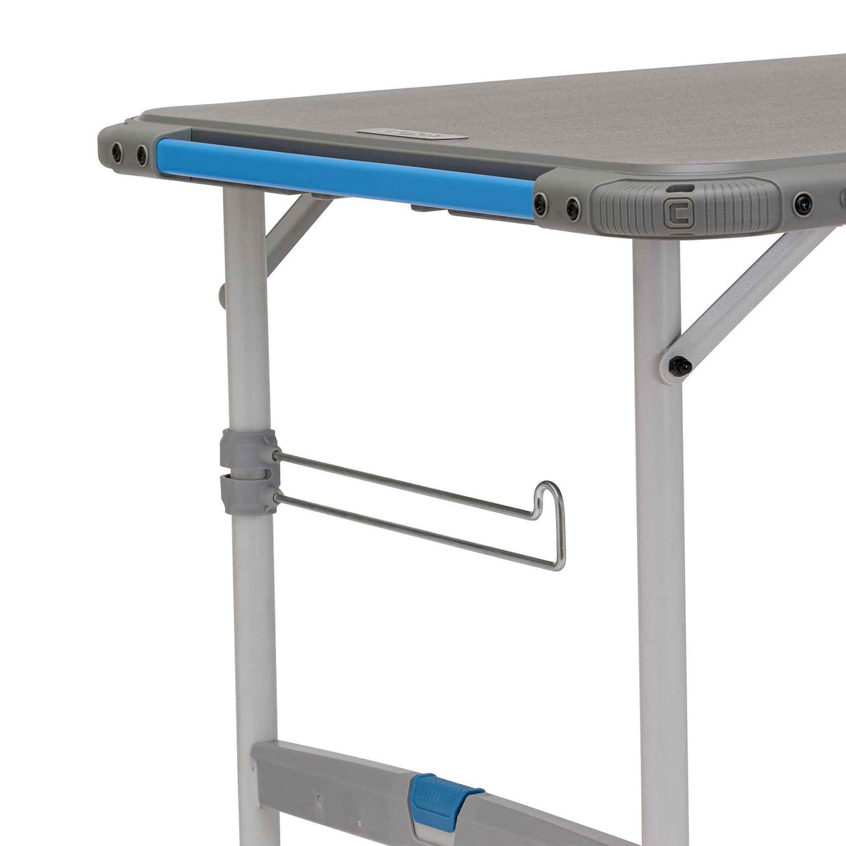 Core Equipment 4 Foot Outdoor Table with FlexRail — close-up of steel FlexRail with cup holders and removable clips.