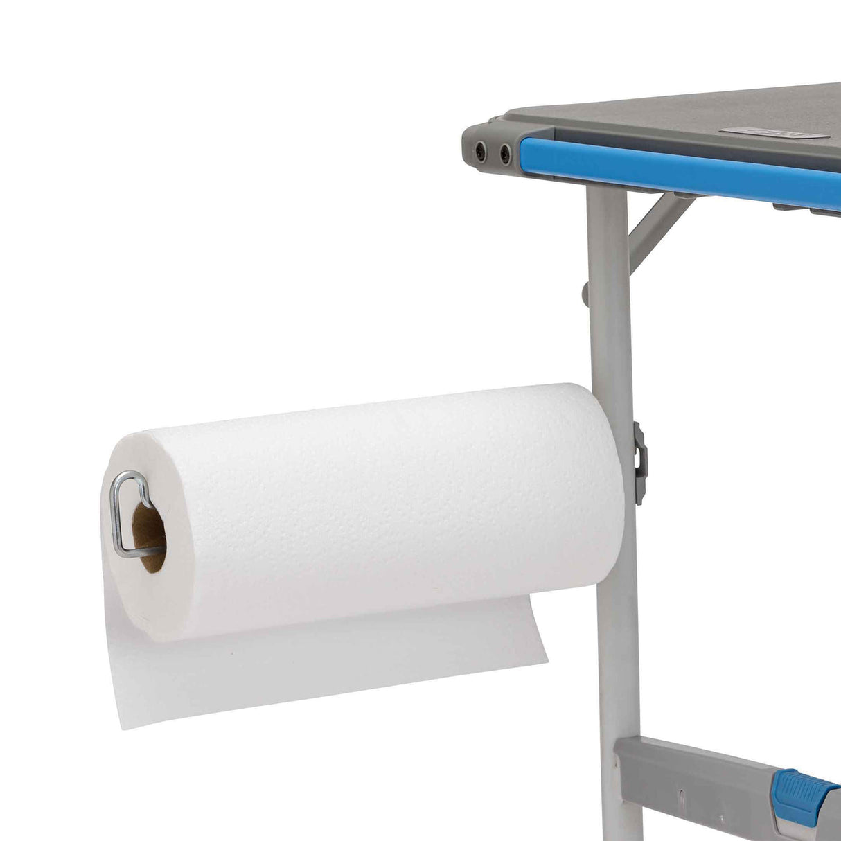 Core Equipment 4 Foot Outdoor Table with FlexRail — accessories organized along the rail during outdoor cooking.