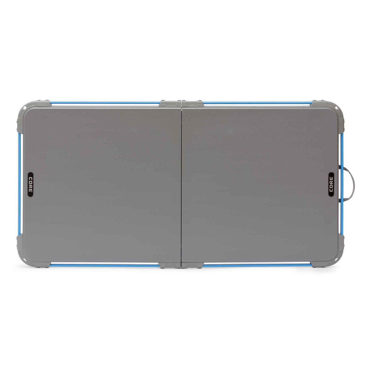 Core Equipment 4 Foot Outdoor Table with FlexRail — folded size comparison around 25 x 26 inches for transport.