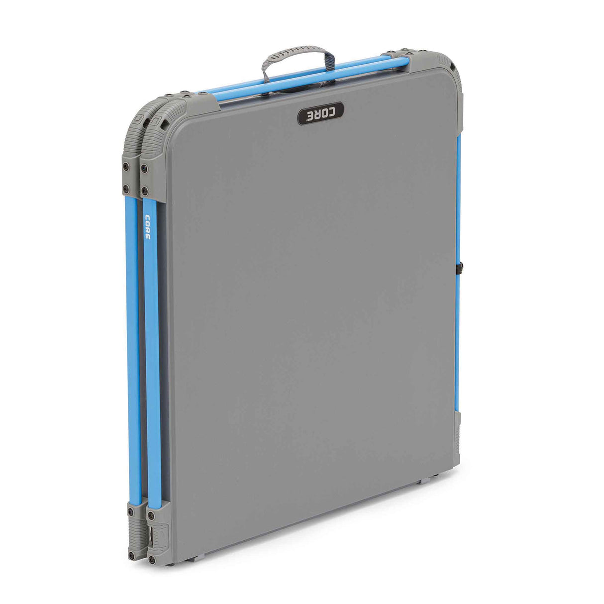 Core Equipment 4 Foot Outdoor Table with FlexRail — folded size comparison around 25 x 26 inches for transport.