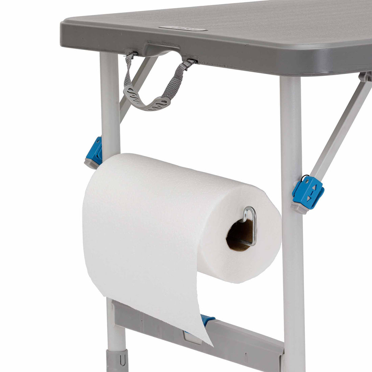 Core Equipment 4 Foot Tailgating Table — paper-towel holder and built-in bottle opener detail.