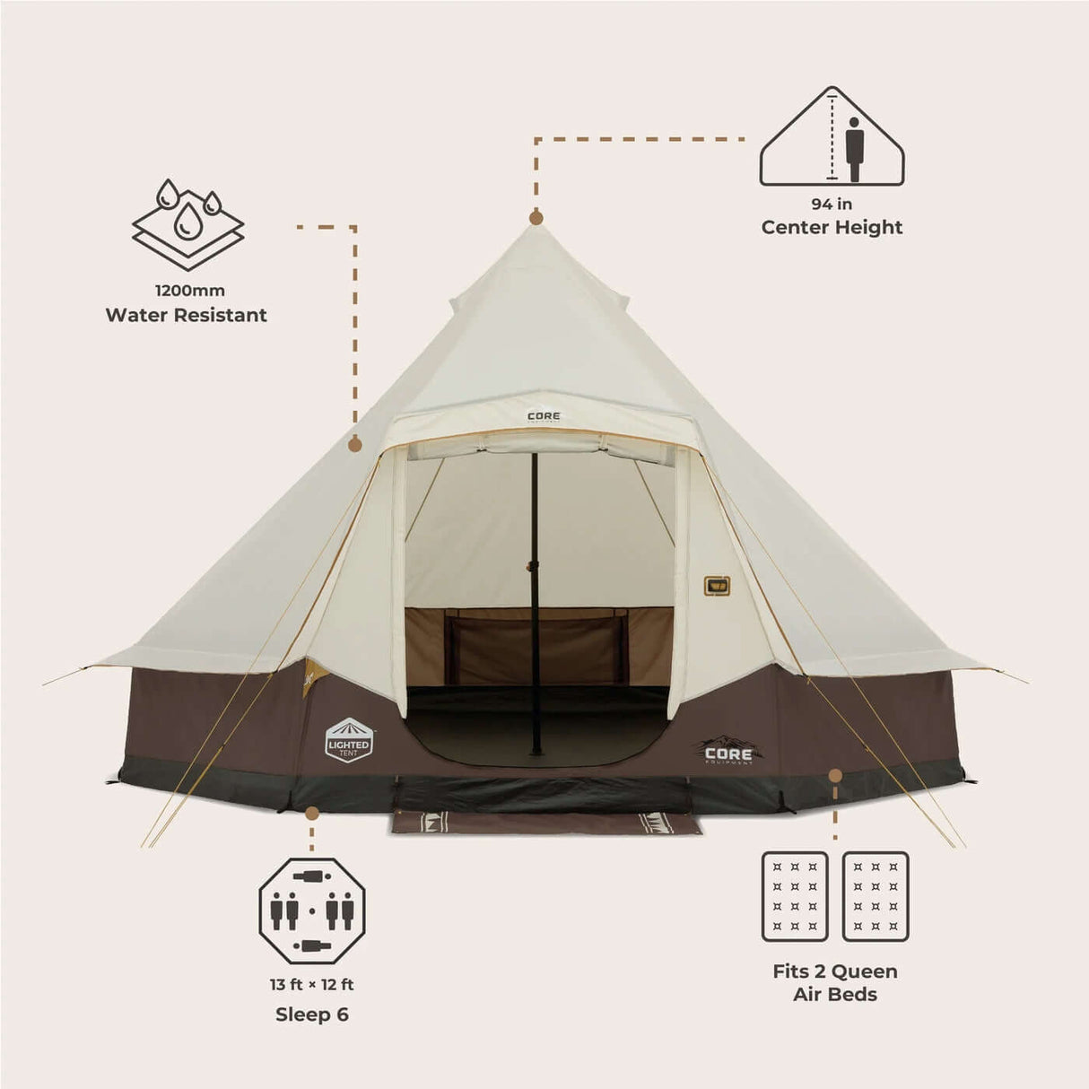 6 Person Lighted Bell Tent - 13' x 12' with spacious interior and water-resistant features.