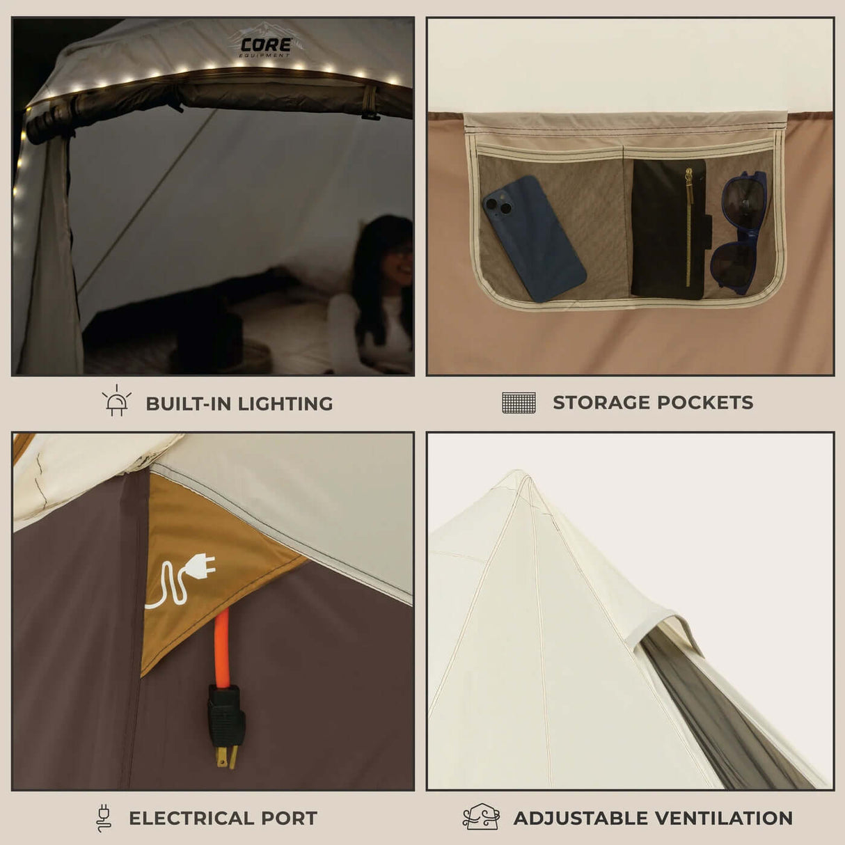 6 Person Lighted Bell Tent - 13' x 12' features built-in lighting, storage pockets, electrical port, and adjustable ventilation.