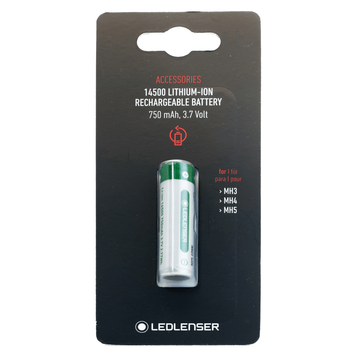 14500 Li-Ion rechargeable battery 750 mAh in packaging, providing 3.7 V power for AA-size devices.