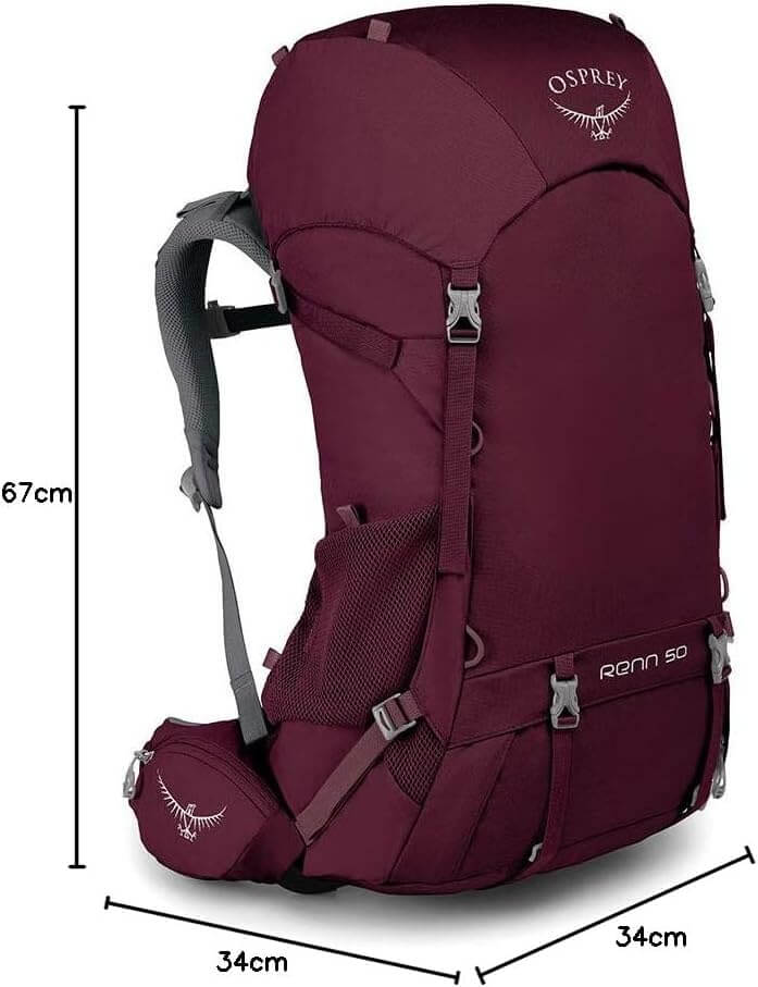 Osprey Renn 50L - Women backpack with raincover, adjustable torso, and bluesign® certification, featuring maroon design and dimensions.