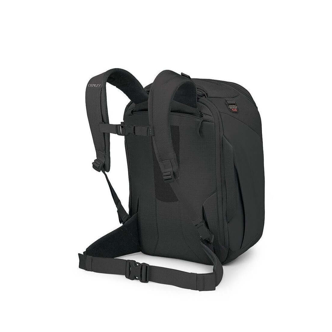 Osprey Sojourn Porter 30L Travel Backpack in Black showcasing adjustable straps and ergonomic design