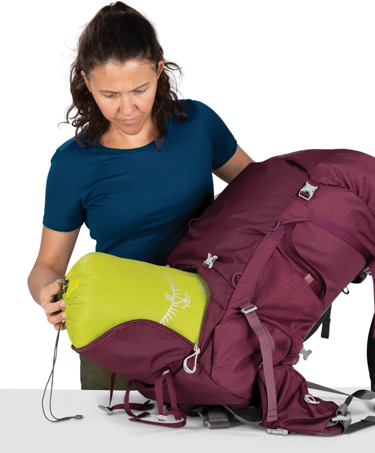 Osprey Renn 50L - Women backpack with raincover, showing torso adjustment, designed for backpackers. Certified bluesign® product.