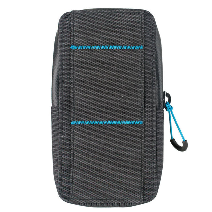 Life Venture RFiD Phone Wallet protection case in black with blue trim and secure strap, ideal for safe travels.