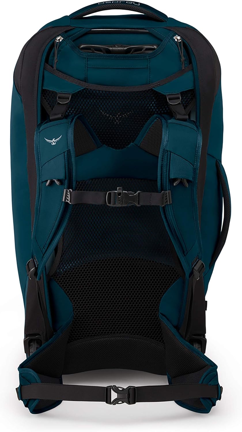 Farpoint Wheeled Travel Carry-On 36L/21.5" - Men back view showing durable shoulder straps and breathable mesh.
