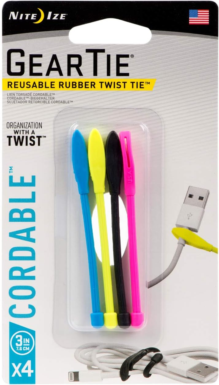 Nite Ize Gear Tie Cordable Twist Tie 3" 4 Pack Cable Wrap