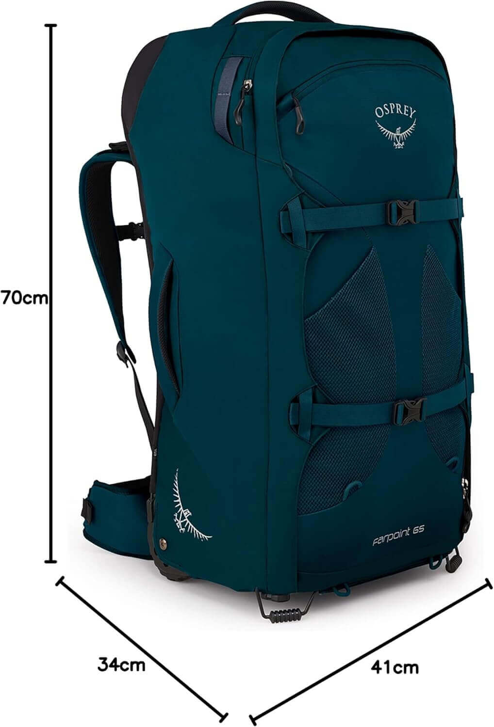 Farpoint Wheeled Travel Carry-On 36L/21.5" - Men by Osprey, featuring durable design and dimensions for optimal packing.