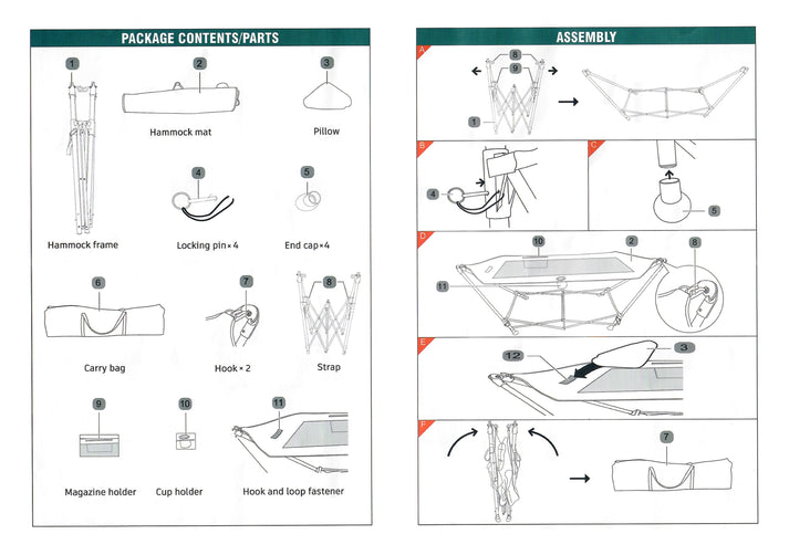 Portable Hammock assembly guide with parts included such as hammock mat, pillow, and accessories for easy setup and convenience.