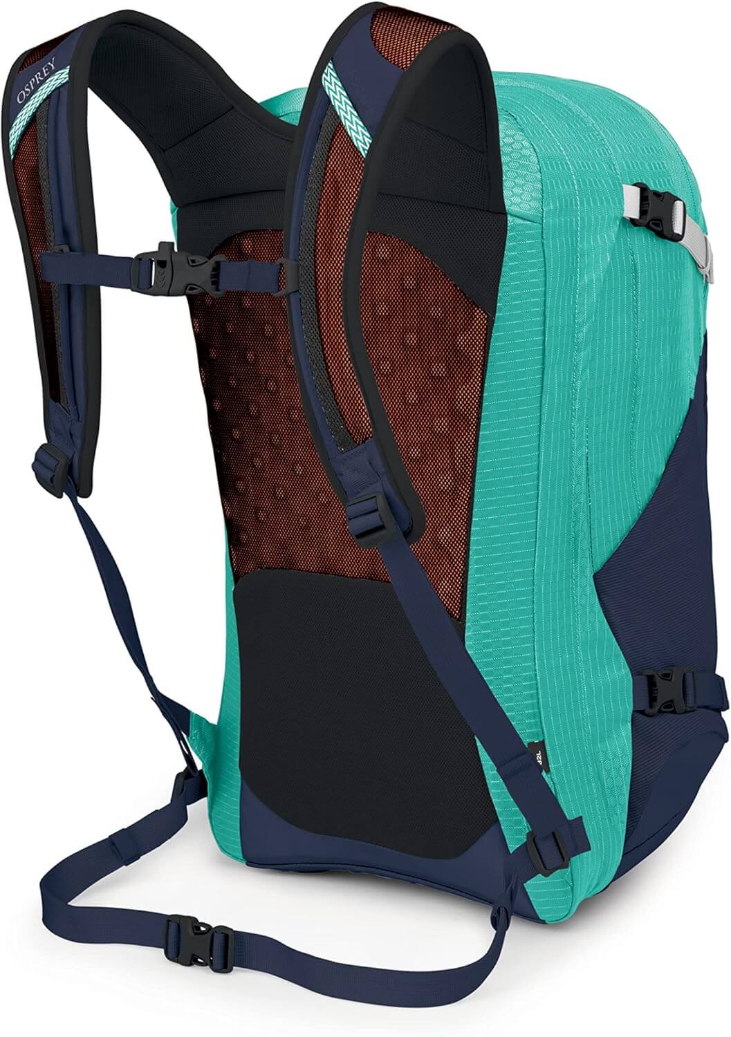 Side view of green and navy Osprey Nebula 32 backpack showing shoulder straps and design.