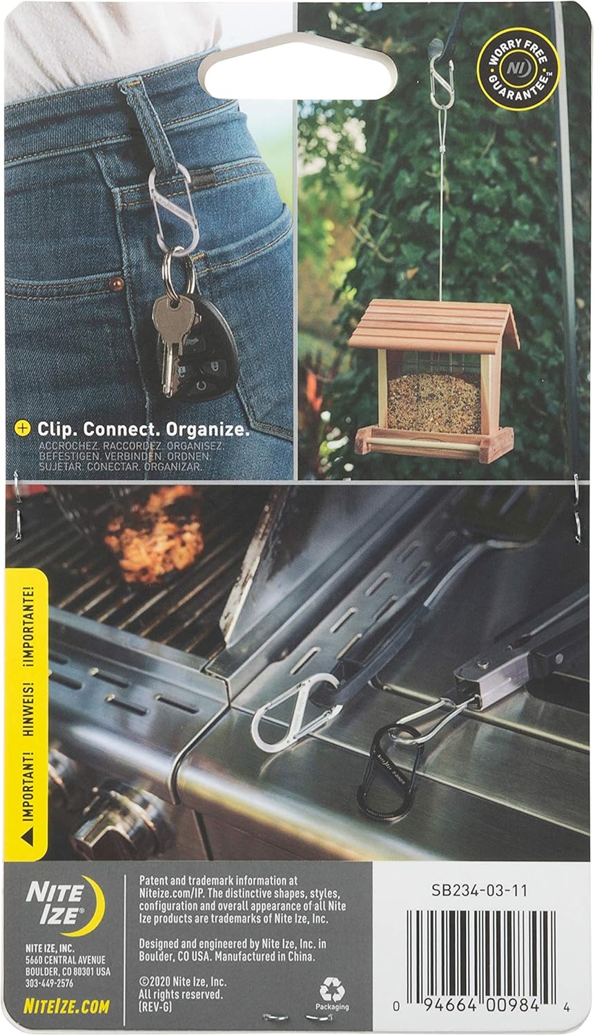 Nite Ize S-Biner Dual Carabiner in action, showcasing versatility in daily use with keys, bird feeder, and grill tools.