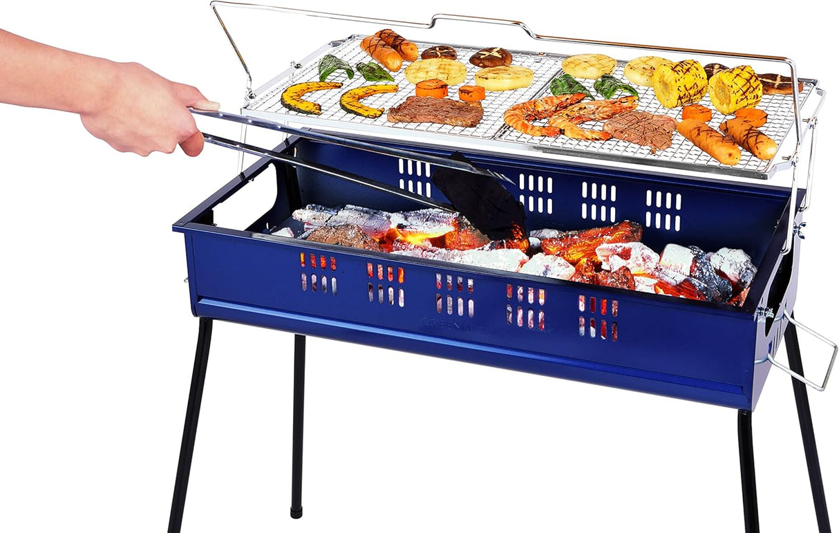 Person using the Greenlife Lift-a-Grill BBQ with adjustable charcoal grate for precision cooking.