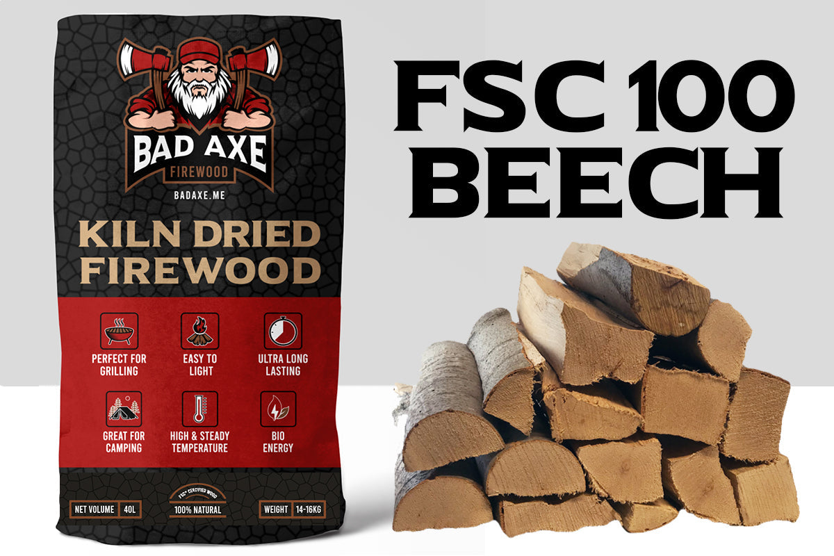 Bad Axe Beech Firewood — stacked beech hardwood logs, front view.