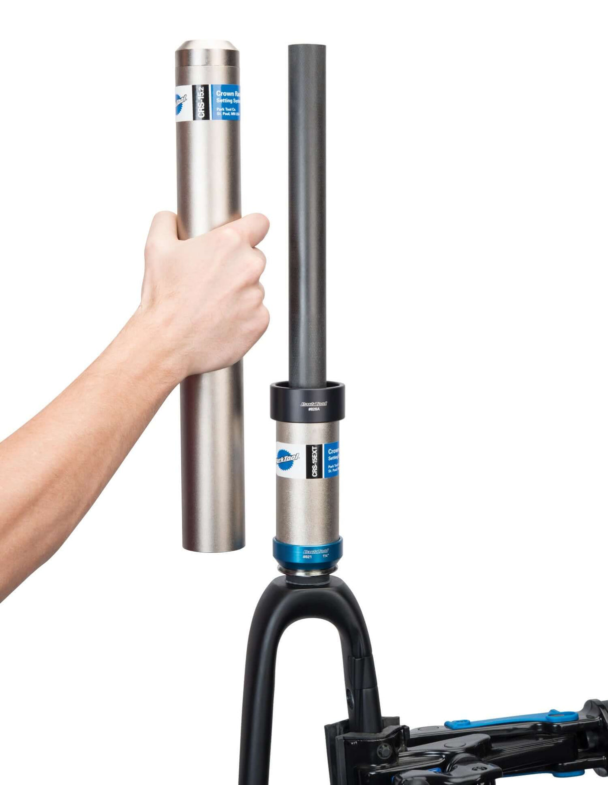 Park Tool Crown Race Setting System Extension for CRS-15 in use on a bicycle steerer tube