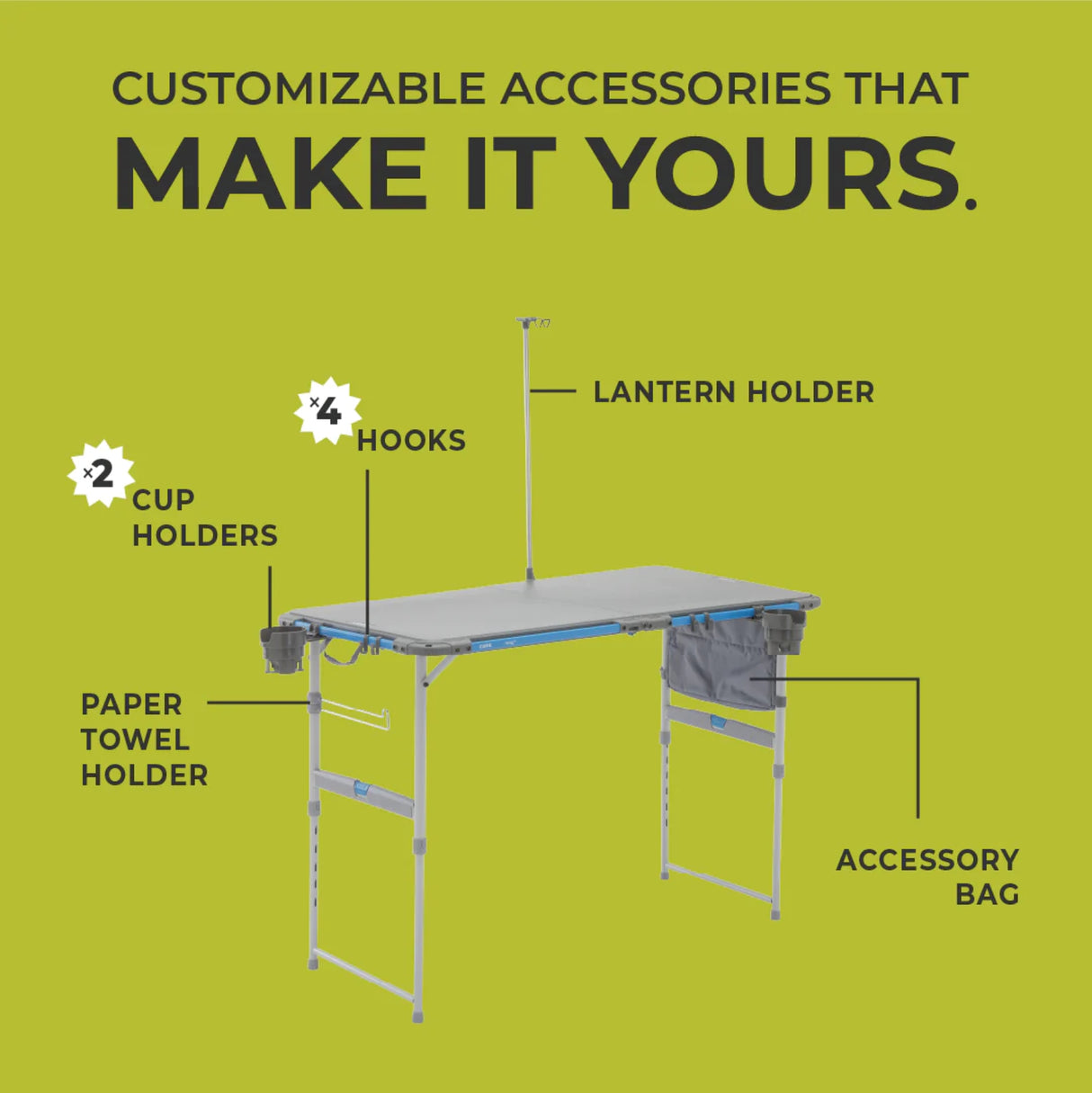 Core Equipment 4 Foot Outdoor Table with FlexRail — lantern/cup holder attachments on the FlexRail.