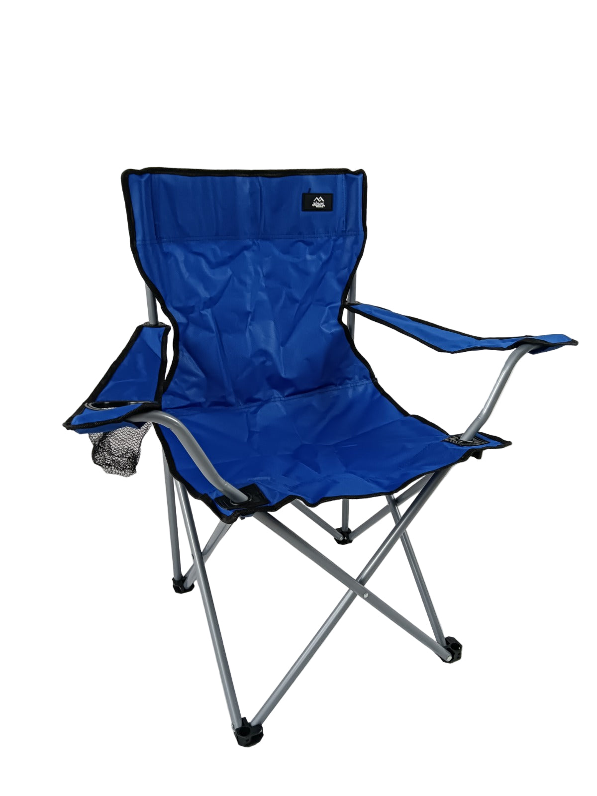 Small Folding Quad Chair in blue with durable fabric and integrated cup holder, perfect for outdoor activities.