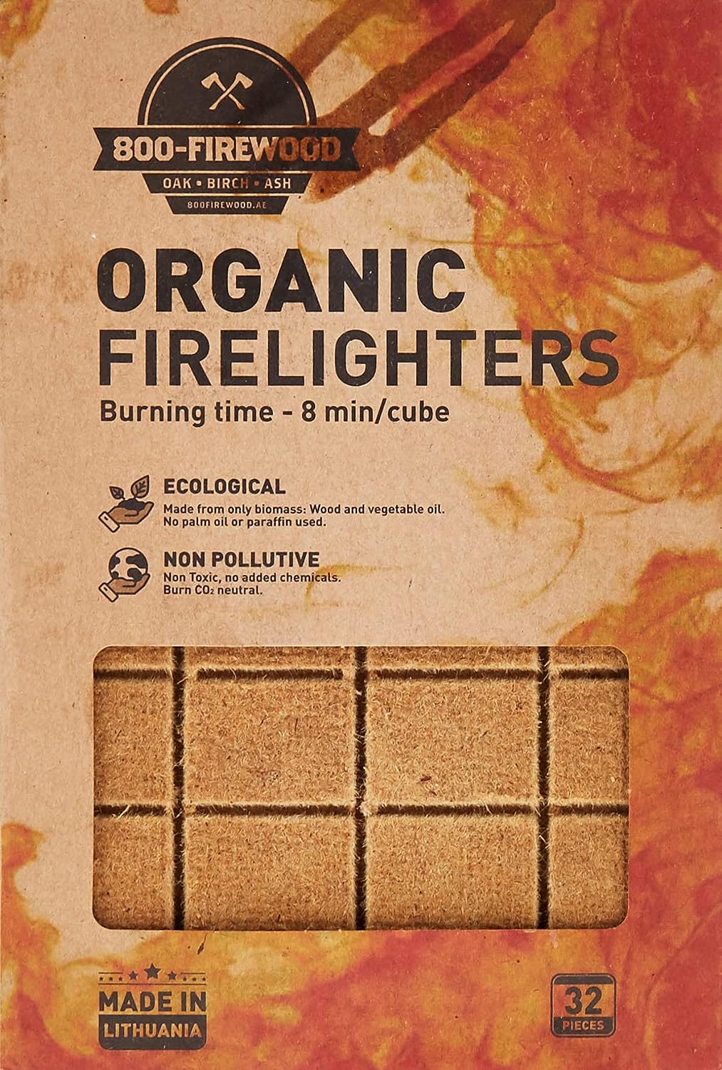 800 Firewood Organic Firelighters 32 Pieces — retail box front, natural fire starters.
