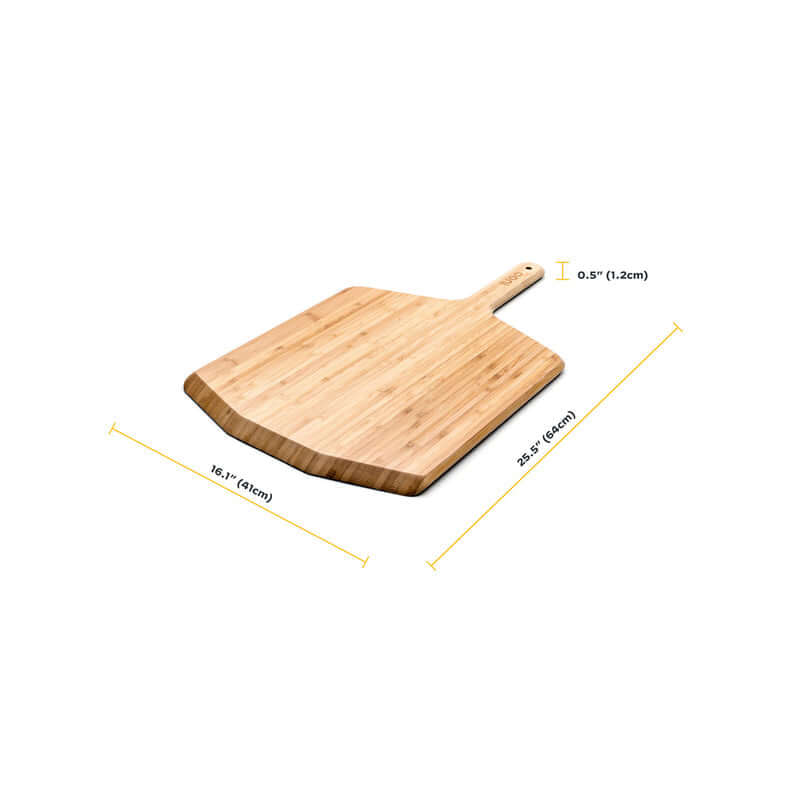 Ooni Bamboo Pizza Peel and Serving Board with dimensions highlighted, ideal for outdoor cooking and serving pizzas.