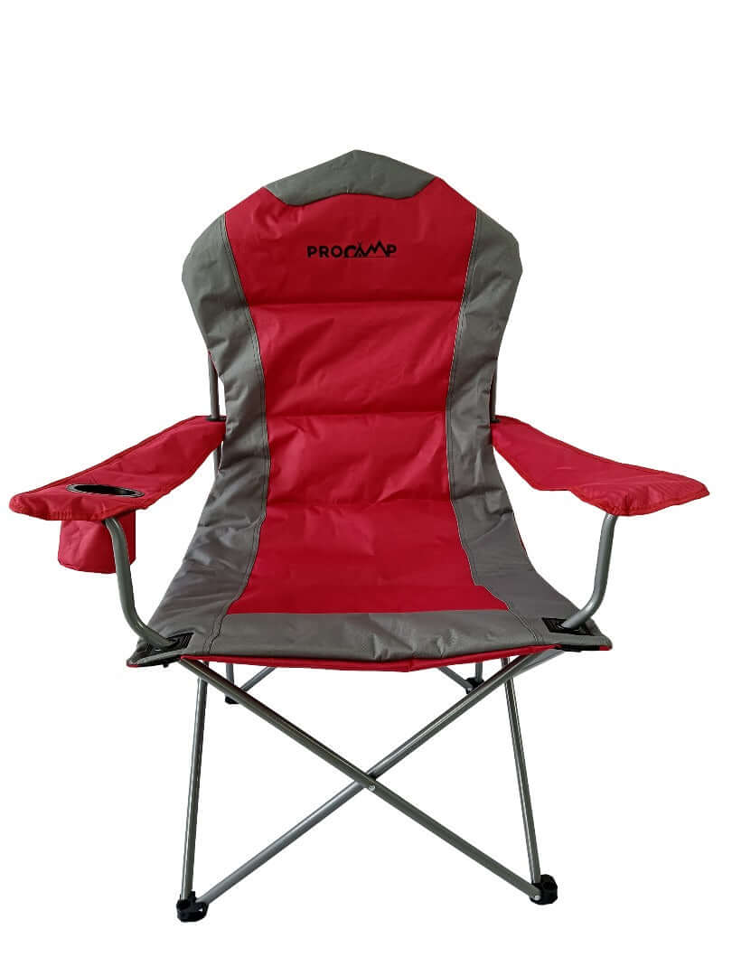 Lancelot Folding Camp Chairs: Comfortable red and gray portable chair for camping, fishing, or backyard relaxation.