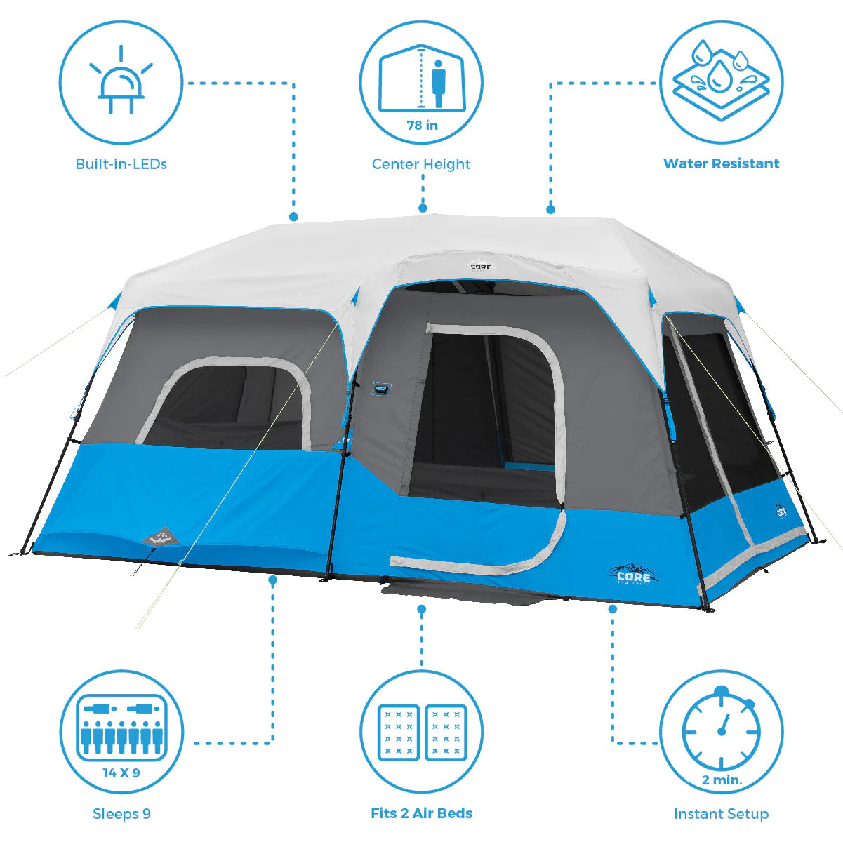 Core Equipment 9 Person Lighted Instant Cabin Tent