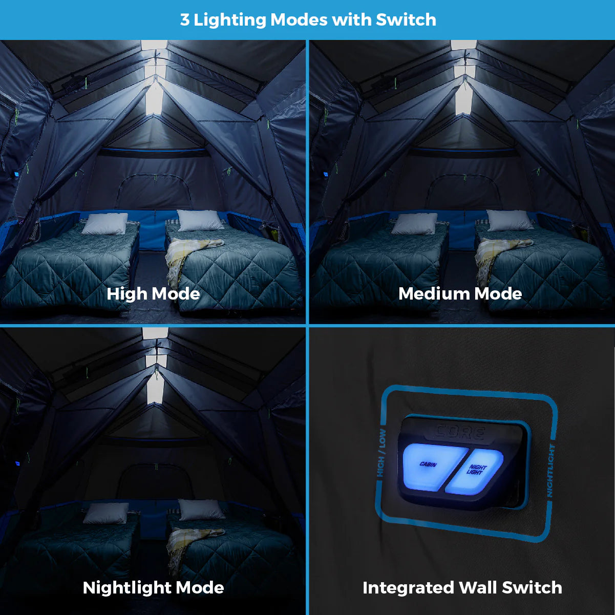 Core Equipment 9 person lighted instant cabin tent LED night light mode