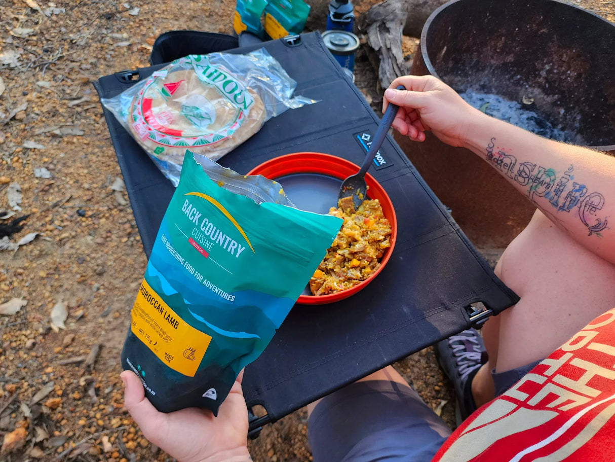 Nutritional information and ingredient panel for Back Country Cuisine Moroccan Lamb.