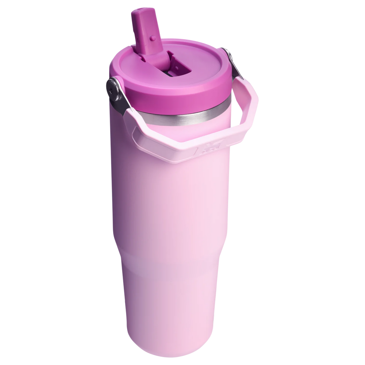 Pink Stanley IceFlow Flip Straw Tumbler 30 oz with handle and flip straw, double-wall insulation for long-lasting cold beverages.