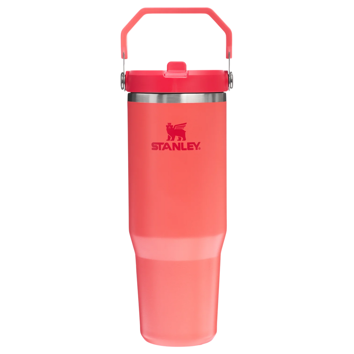 Stanley IceFlow Flip Straw Tumbler 30 oz in coral color, featuring double-wall vacuum insulation and a convenient handle.