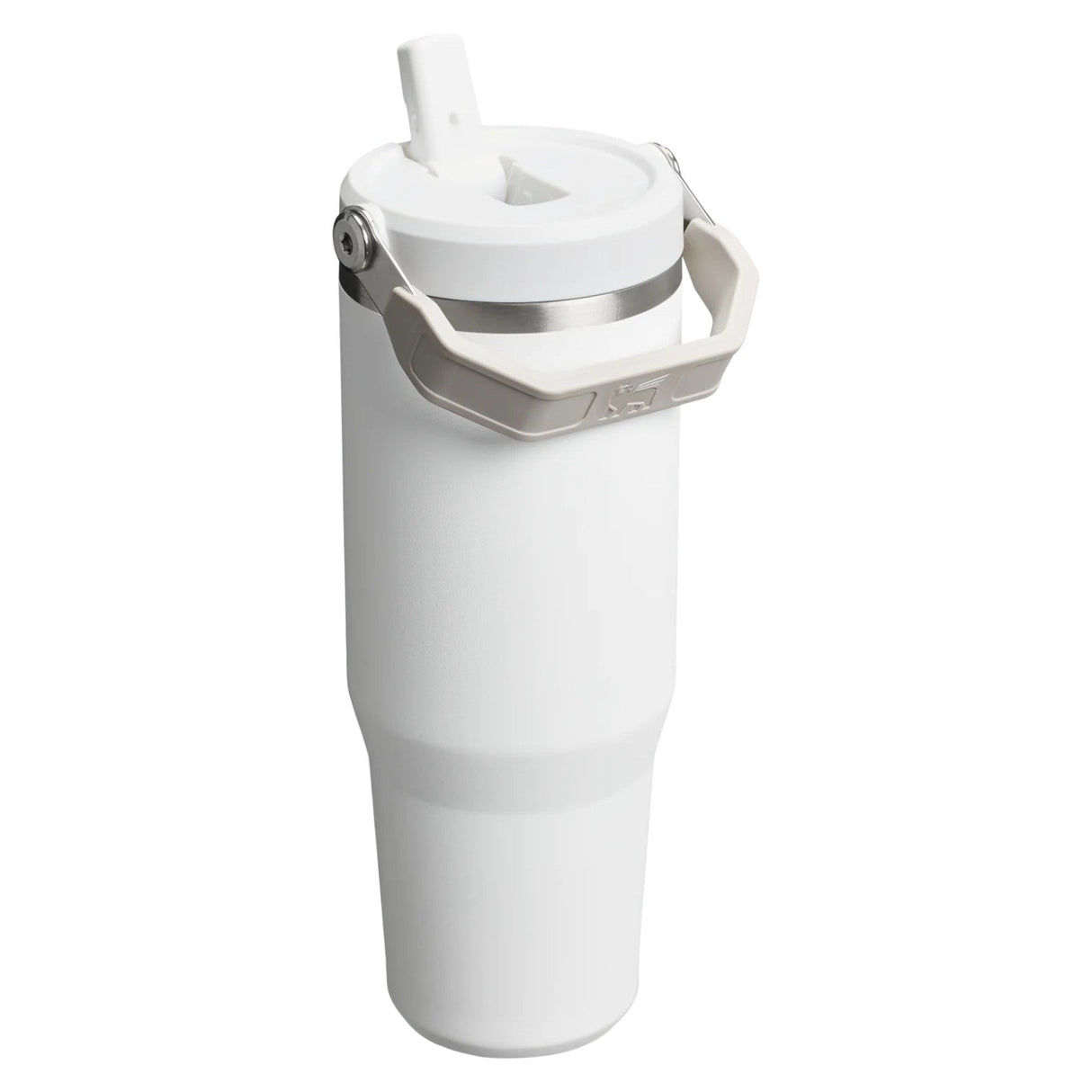 Stanley IceFlow Flip Straw Tumbler 30 oz white with handle, double-wall vacuum insulation, perfect for keeping drinks cold.