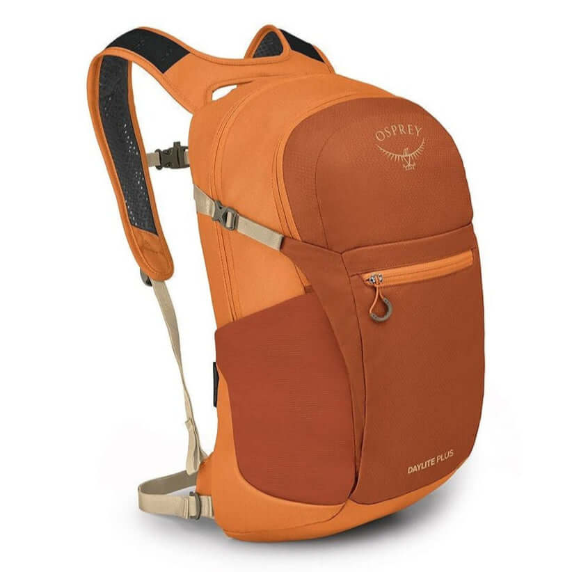 Osprey Daylite Plus 20L daypack in burnt orange, featuring durable recycled fabrics and comfortable design for travel and outdoor use.