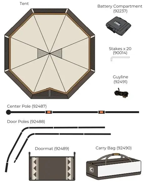 6 Person Lighted Bell Tent - 13' x 12' parts and accessories diagram, including stakes, poles, and carry bag.