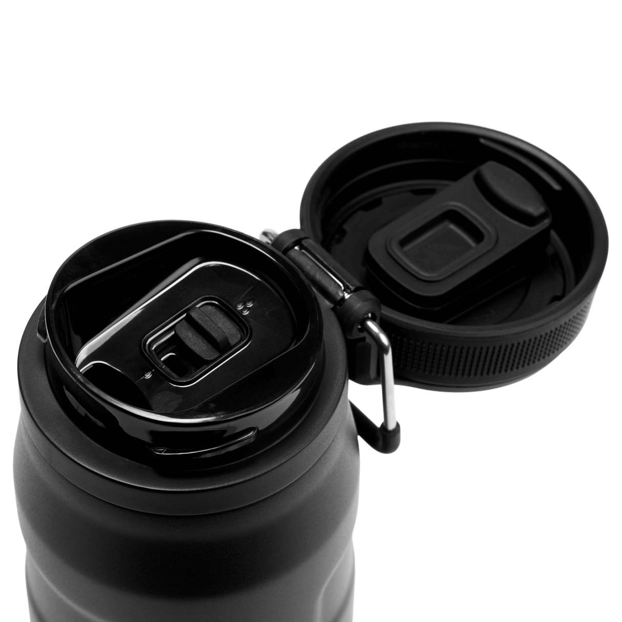 IceFlow Bottle with Twist Flip Lid - 24 oz / 700 ml lid open showing twist flip mechanism and stainless-steel carry hook.