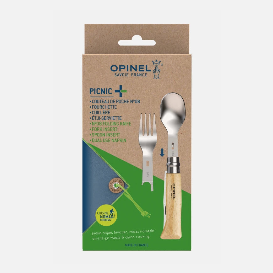 Opinel Complete Picnic + Set packaging showing knife, fork, spoon for outdoor dining