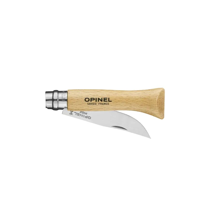 Opinel Traditional Stainless Steel Knife with Virobloc safety ring, ideal for outdoor activities. Features brand logo on wooden handle.