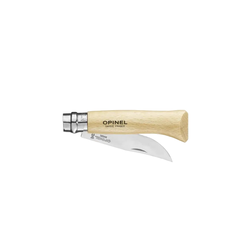 Opinel Traditional Stainless Steel Knife with wooden handle, featuring Virobloc® safety ring for small crafts and outdoor activities.