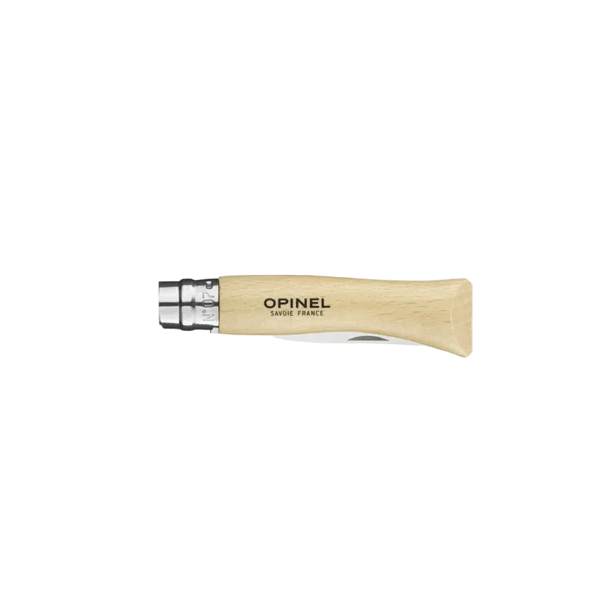 Opinel Traditional Stainless Steel Knife with wooden handle and Virobloc® safety ring, ideal for small crafts and outdoor activities.