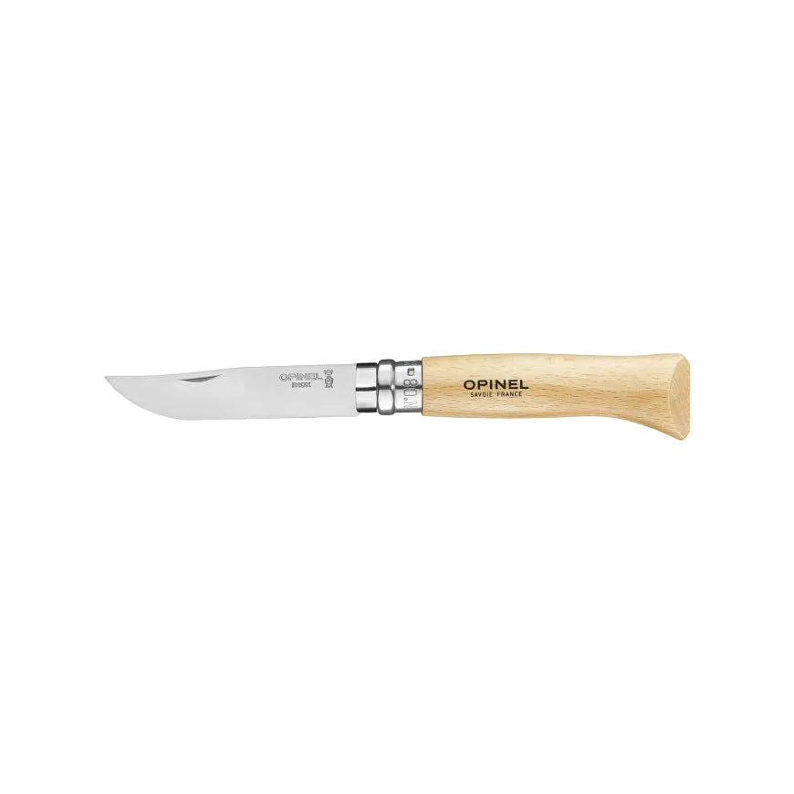 Opinel Traditional Stainless Steel Knife with Virobloc safety ring, ideal for outdoor activities, small crafts, and daily use.