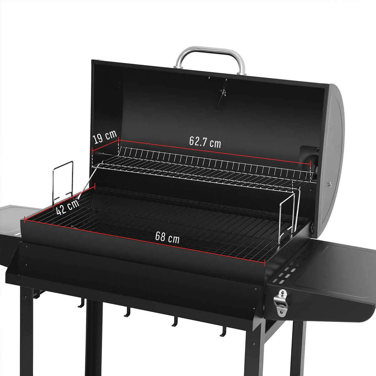 Royal Gourmet 30-Inch Barrel Charcoal Grill with Front Basket open showing cooking chamber dimensions in centimeters